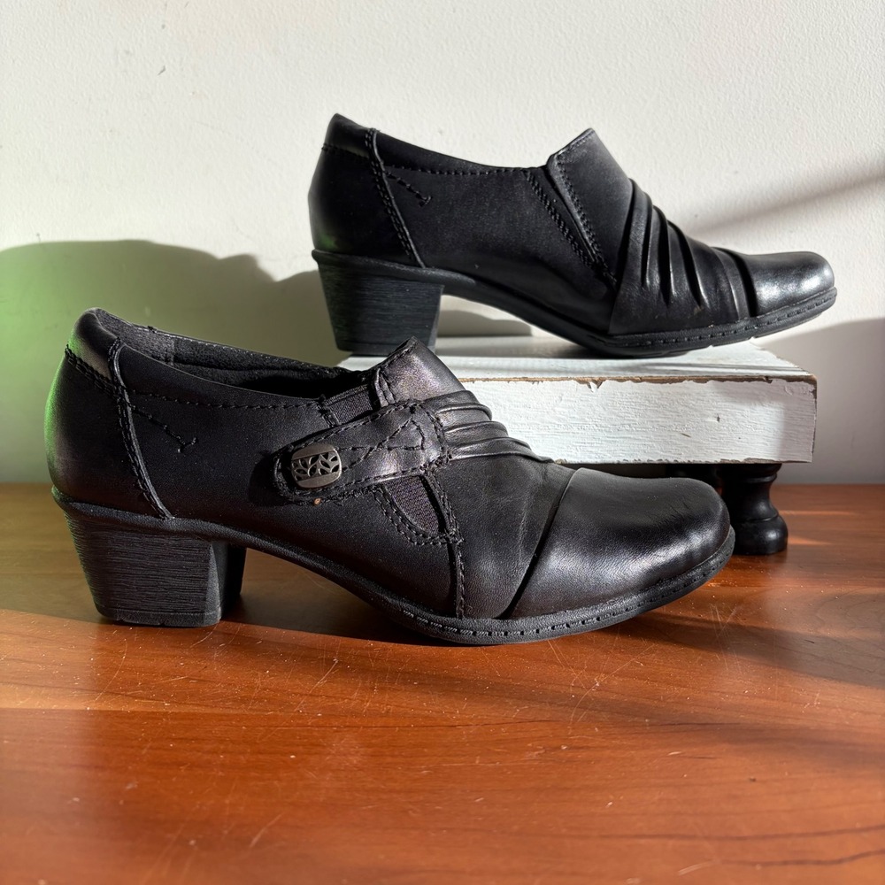Earth Origins Madison Black Leather Pleated Slip On Block Heel‎ Loafers 6.5